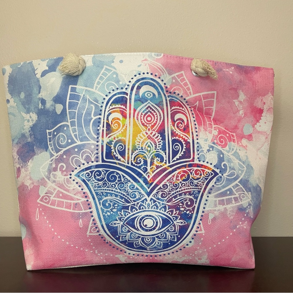 Pink blue hamsa hand print summer beach maxi tote bag with rope handles